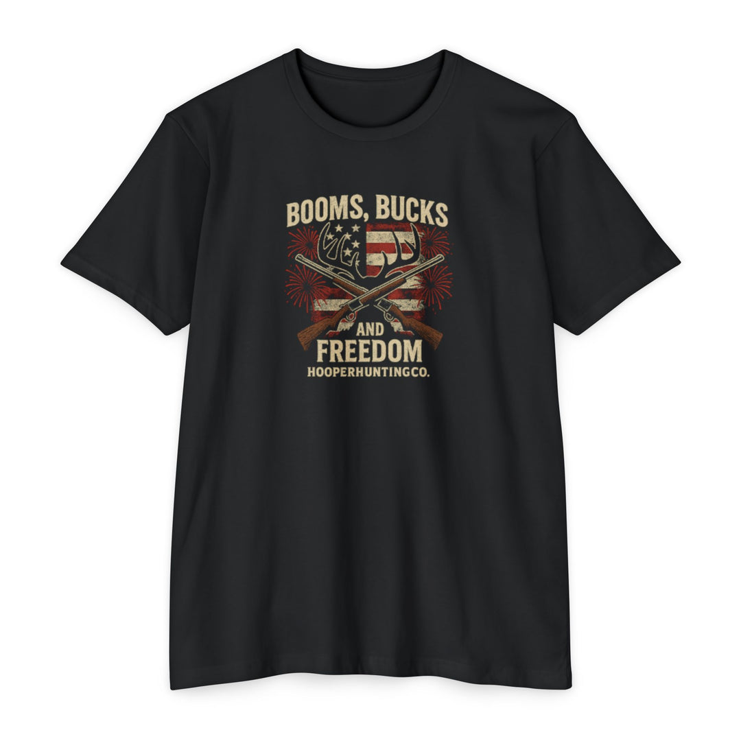 "Booms, Bucks & Freedom" – Patriotic Hunting T-Shirt