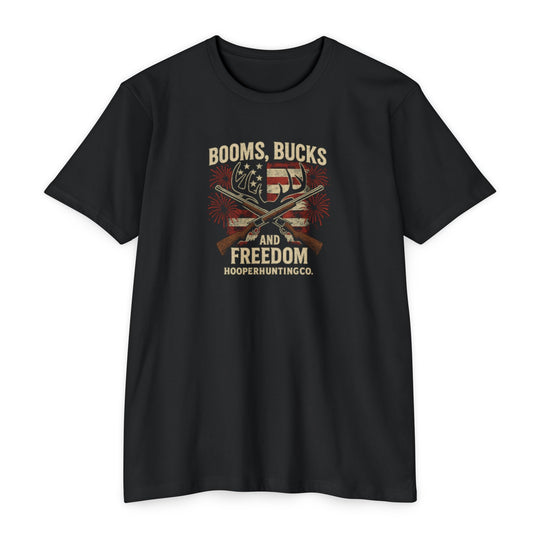 "Booms, Bucks & Freedom" – Patriotic Hunting T-Shirt