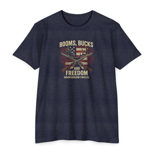 "Booms, Bucks & Freedom" – Patriotic Hunting T-Shirt