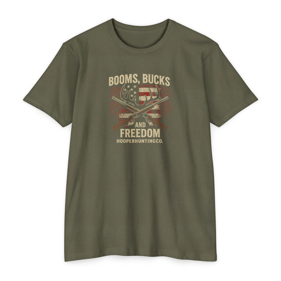 "Booms, Bucks & Freedom" – Patriotic Hunting T-Shirt