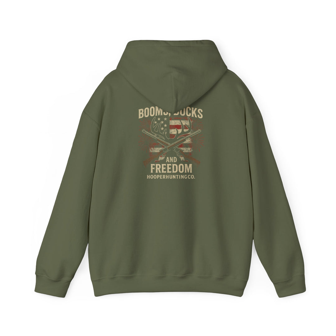 "Booms, Bucks & Freedom" – Patriotic Hunting Hoodie