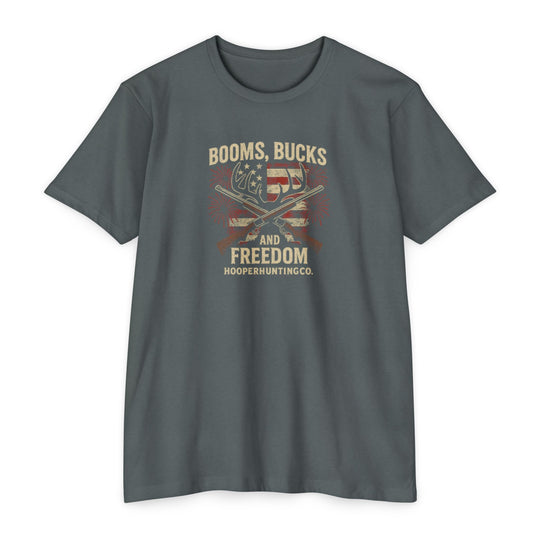 "Booms, Bucks & Freedom" – Patriotic Hunting T-Shirt