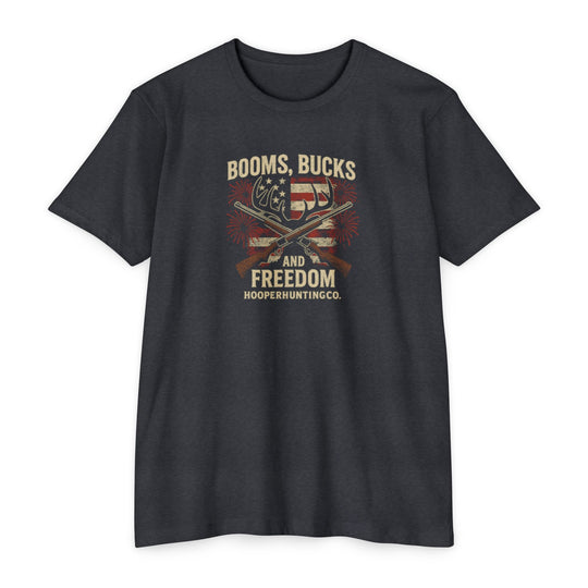 "Booms, Bucks & Freedom" – Patriotic Hunting T-Shirt