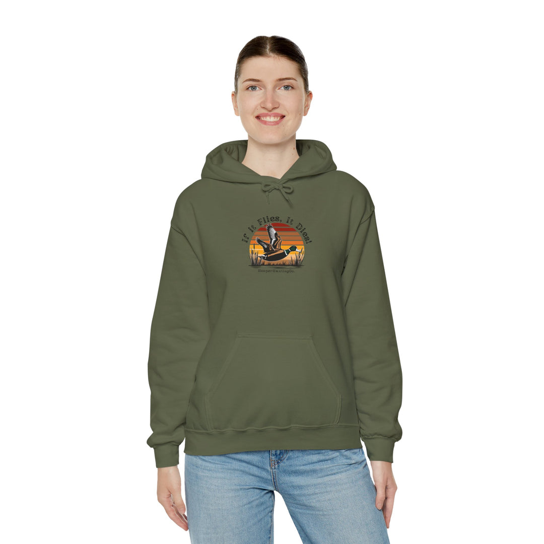 "If it flies, It dies" Hoodie for Adventure Lovers - Unisex Heavy Blend™ Sweatshirt