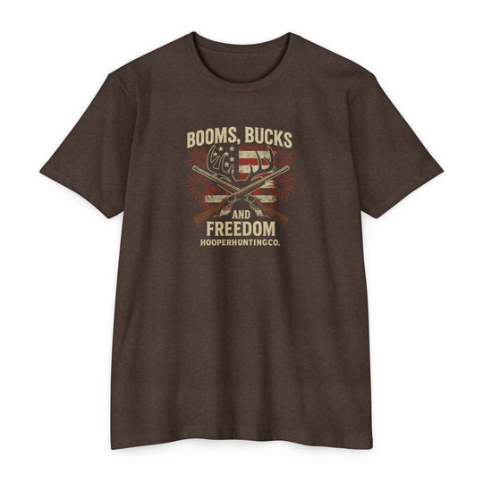 "Booms, Bucks & Freedom" – Patriotic Hunting T-Shirt